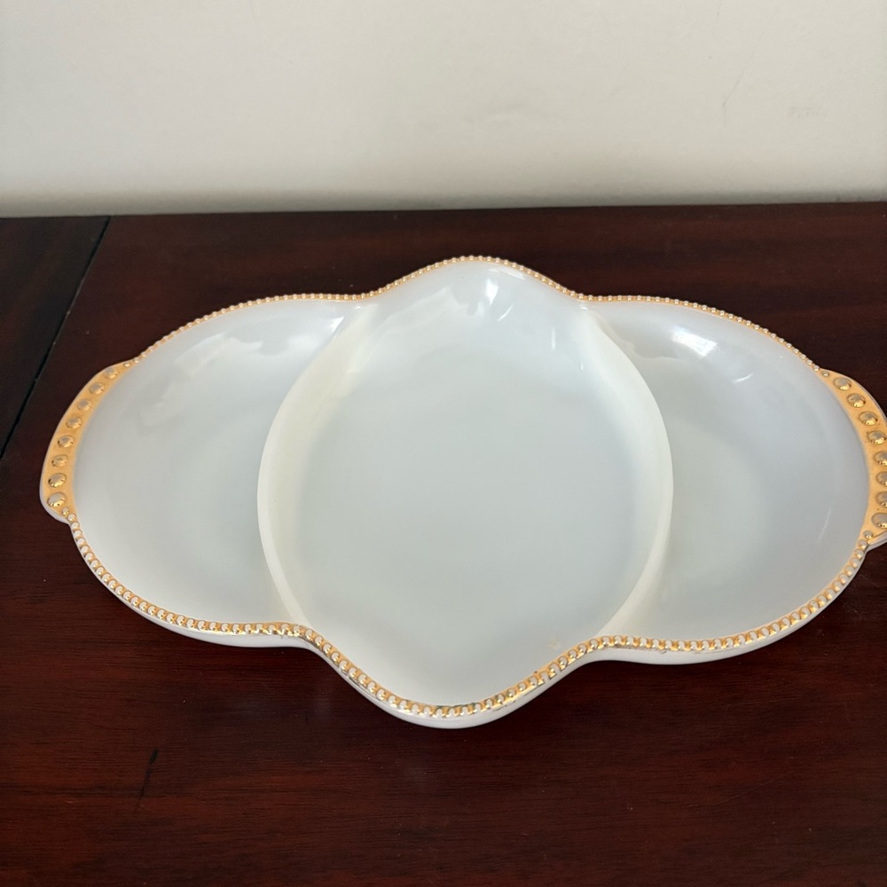 Anchor Hocking Fire King Milk Glass 3 Divided Dish-22k Gold Bead Trim -VTG- MC